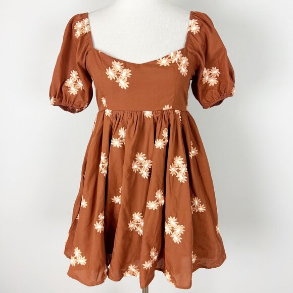 Altar’d State Rust Orange Mini Babydoll Dress Floral Embroidery Size Small Women - Picture 2 of 5